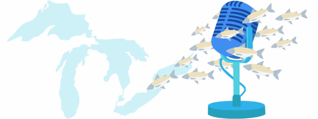Illustration of a microphone surrounded by a school of gold and silver fish swimming toward an outline of the Great Lakes