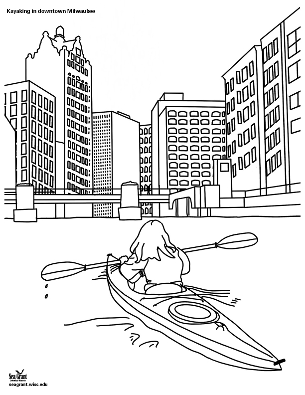 Coloring book page showing a kayaker in downtown Madison waters.