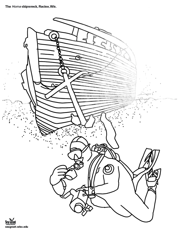 A diver exploring a shipwreck coloring book page