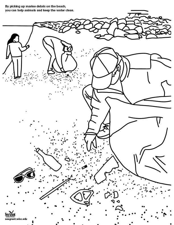 Clean up the beach coloring book page